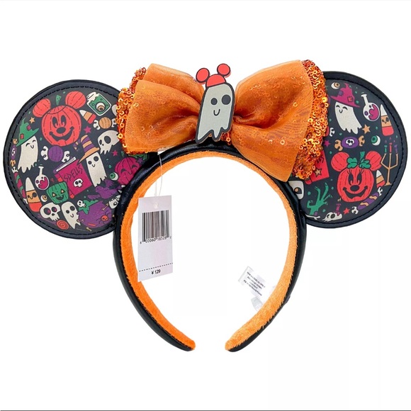 🎃NWT Disney Parks Halloween Mickey Minnie Mouse Ears Sequin Bow Ghost NEW - Picture 1 of 5